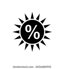Black sun symbol with sharp rays and white percent sign inside on a white background.