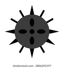 A black sun symbol with sharp rays and oval cutouts on a white background, representing a mysterious and abstract design element