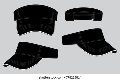 Black Sun Visor Cap with White Sandwich and an Adjustable Hook-Loop Strap Back Closure Template on Gray Background, Vector File.