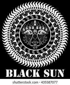Black sun white symbol with face in boho style.