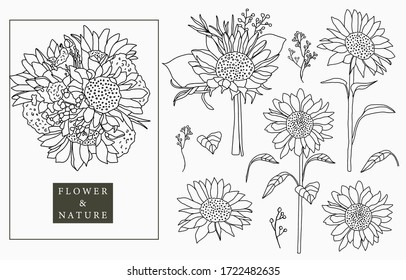 Black sunflower collection with leaves,geometric.Vector illustration for icon,sticker,printable and tattoo
