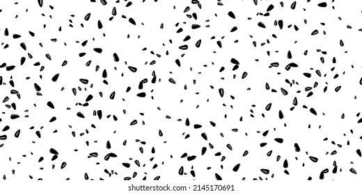 Black sunflower seeds. Seamless pattern of decorative sunflower seeds on white. Summer harvest. Botanical print. Vintage vector design for textile, fabric, packaging, wallpaper