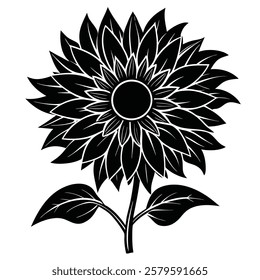 Black sunflower silhouette with detailed petals - A black silhouette of a sunflower with intricate petals and leaves, perfect for tattoos, logos, decorative art, or design elements.  

