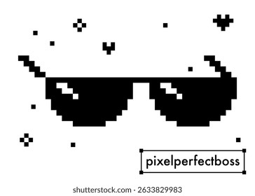 Ícone de óculos escuros no estilo pixel art. Ilustração vetorial. Adesivo de colagem de óculos de pixel chefs inspirado em Y2k. Resumo do jogo legal verão roupa elemento no fundo branco