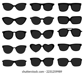 Black sunglasses icon set. Dark optic glasses and frames isolated on white. Back lens with stylish plastic rims of different shapes as oval, square and heart for vacation or summer period vector