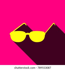 Black sunglasses icon. Vector. Flat yellow icon with with semitransparent shadow on rose background.