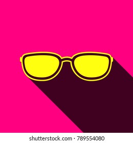 Black sunglasses icon. Vector. Flat yellow icon with with semitransparent shadow on rose background.