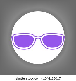 Black sunglasses icon. Vector. Violet icon on white circle with shadow at gray background.