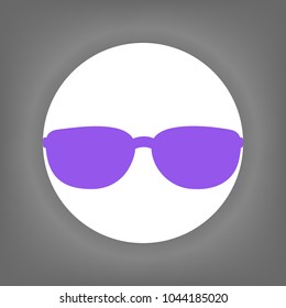 Black sunglasses icon. Vector. Violet icon on white circle with shadow at gray background.