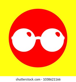 Black sunglasses icon. Vector. White flat icon inside red circle at yellow background. Isolated.