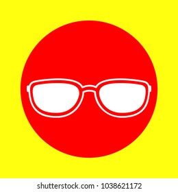 Black sunglasses icon. Vector. White flat icon inside red circle at yellow background. Isolated.