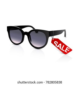 Black sunglasses on white background with sale tag. Vector Ilustration. 