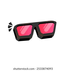 Gafas de sol negras con la lente rosada aislada en el fondo blanco. Dibujos animados divertidos niños gafas de sol de verano rosa icono, etiqueta y signo. Ilustración gráfica de Vector de gafas de sol hipster frescas