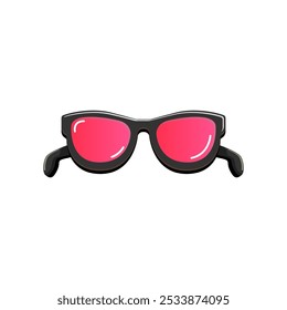 Black sunglasses with pink lens isolated on white background. Cartoon funny kids pink summer sunglasses icon, label and sign. Cool hipster Sunglasses vector graphic illustration