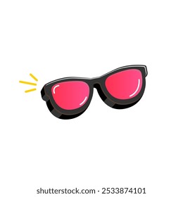 Gafas de sol negras con la lente rosada aislada en el fondo blanco. Dibujos animados divertidos niños gafas de sol de verano rosa icono, etiqueta y signo. Ilustración gráfica de Vector de gafas de sol hipster frescas