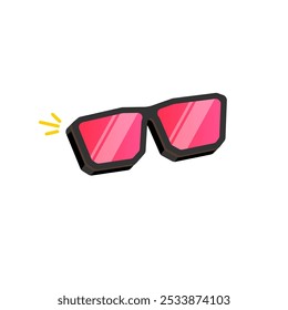 Black sunglasses with pink lens isolated on white background. Cartoon funny kids pink summer sunglasses icon, label and sign. Cool hipster Sunglasses vector graphic illustration