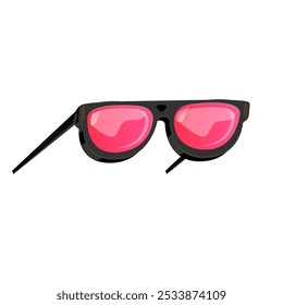 Gafas de sol negras con la lente rosada aislada en el fondo blanco. Dibujos animados divertidos niños gafas de sol de verano rosa icono, etiqueta y signo. Ilustración gráfica de Vector de gafas de sol hipster frescas