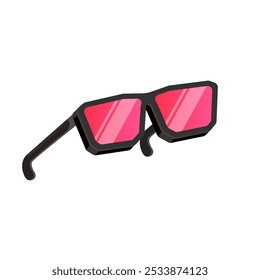 Gafas de sol negras con la lente rosada aislada en el fondo blanco. Dibujos animados divertidos niños gafas de sol de verano rosa icono, etiqueta y signo. Ilustración gráfica de Vector de gafas de sol hipster frescas