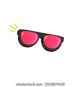 Gafas de sol negras con la lente rosada aislada en el fondo blanco. Dibujos animados divertidos niños gafas de sol de verano rosa icono, etiqueta y signo. Ilustración gráfica de Vector de gafas de sol hipster frescas