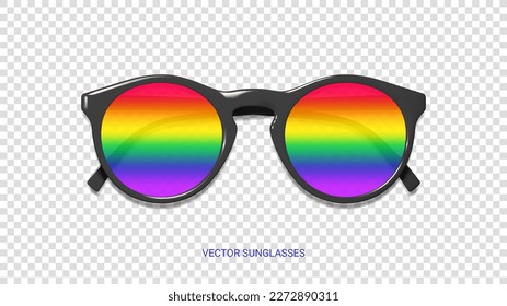 Black sunglasses with rainbow glass. Vector illustration with decorative element for Pride Month design. Black sunglasses with rainbow glass isolated on checkered background.