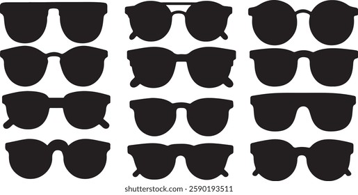 Black Sunglasses Silhouettes on White Background for Fashion Icons and Graphics