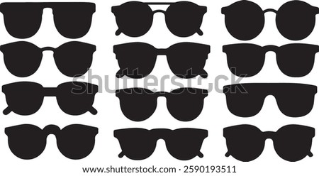 Black Sunglasses Silhouettes on White Background for Fashion Icons and Graphics