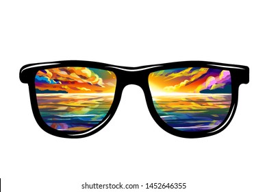 Black sunglasses with sunset reflection on the sea. Color art image points with the reflection of the beautiful sunset and the sea.