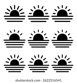 Black Sunrise Icon Set | Minimalist Vector Sun Rising Design Pack