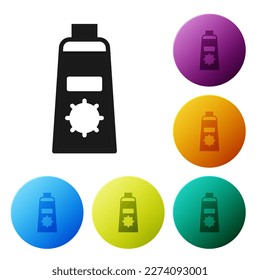 Black Sunscreen cream in tube icon isolated on white background. Protection for the skin from solar ultraviolet light. Set icons in color circle buttons. Vector