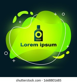 Black Sunscreen spray bottle icon isolated on black background. Protection for the skin from solar ultraviolet light. Abstract banner with liquid shapes. Vector Illustration