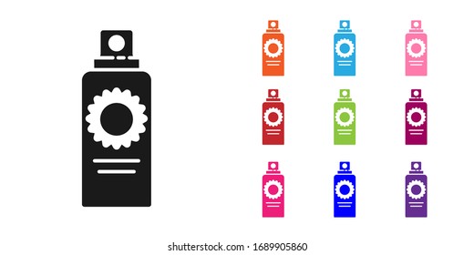 Black Sunscreen spray bottle icon isolated on white background. Protection for the skin from solar ultraviolet light. Set icons colorful. Vector Illustration