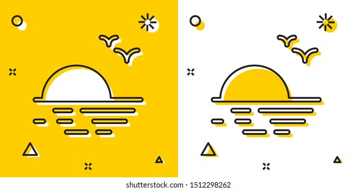 Black Sunset icon isolated on yellow and white background. Random dynamic shapes. Vector Illustration