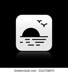 Black Sunset icon isolated on black background. Silver square button. Vector Illustration