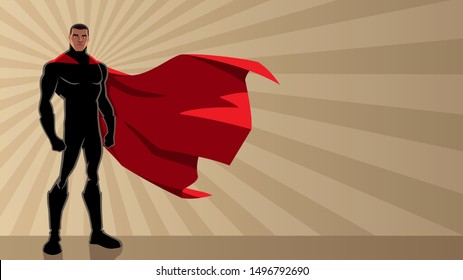 Black superhero standing tall on abstract ray light background with copy space.