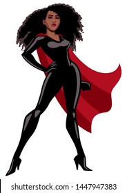Black superheroine with red cape standing tall over white background. 