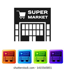 Black Supermarket building with shopping cart icon isolated on white background. Shop or store. Mall building. Set icon in color square buttons. Vector Illustration
