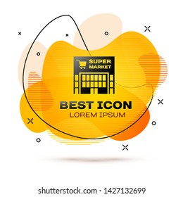 Black Supermarket building with shopping cart icon isolated on white background. Shop or store. Mall building. Fluid color banner. Vector Illustration