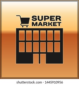 Black Supermarket building with shopping cart icon isolated on gold background. Shop or store. Mall building.  Vector Illustration