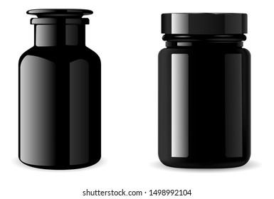 Black Supplement Bottle. Glossy Medicine Jar Mockup. 3d Vector Packaging For Tablet, Vitamin. Pill Container Isolated On White Background. Medical Glass Flask For Bath Sea Salt. Beauty Product Design