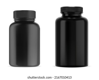 Black supplement bottle. Medicine pill container, plastic jar blank mockup. Vitamine drug capsule bottle, pharmaceutical product package, glossy box design. Vertical cylinder can for remedy powder