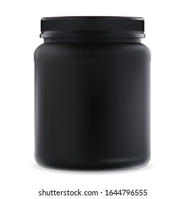 Black supplement jar. Protein sport 3d container. Bcaa amino acids can blank. Round bodybuilding creatine product package for muscle workout. Realistic vitamins cylinder tube