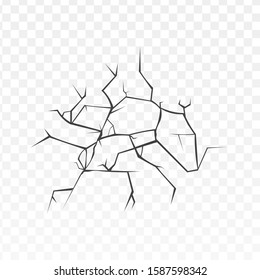 Black surface crack isolated on transparent background - dry desert land, cracked ground or fractured glass effect. Broken texture line art - vector illustration.