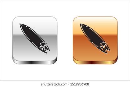Black Surfboard icon isolated on white background. Surfing board. Extreme sport. Sport equipment. Silver-gold square button. Vector Illustration