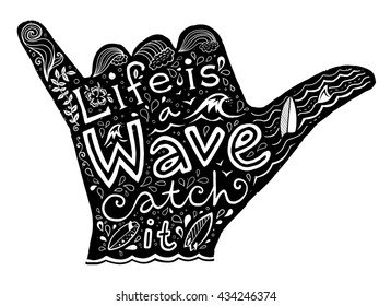 Black Surfer Shaka Hand Silhouette With White Hand Drawn Lettering