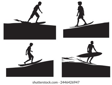 Black surfers with surfboards vector silhouettes set isolated on white background