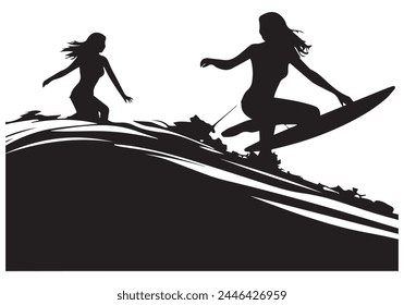 Black surfers with surfboards vector silhouettes set isolated on white background