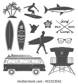 Black surfing isolated icon set with description surf camp wild wawe and surfer going to sea vector illustration