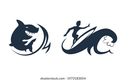 Black Surfing Silhouette with Waves and Man Riding on Surfboard Vector Set