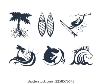 Black Surfing Silhouette with Waves and Woman Riding on Surfboard Vector Set
