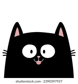 Black surprised cat kitten kitty icon. Pink tongue. Happy emotion. Cute cartoon kawaii character. Valentines Day. Greeting card, tshirt, sticker print template. White background. Flat design Vector